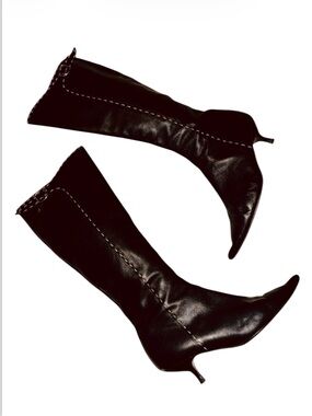 Barneys NY Women’s Vintage Knee-High Pointy Toe Kitten Heel Black Leather Boots